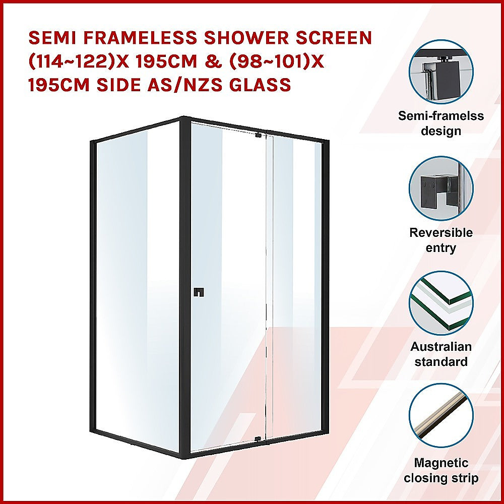 Semi Frameless Shower Screen (114~122)x 195cm & (98~101)x195cm Side AS/NZS Glass - SILBERSHELL