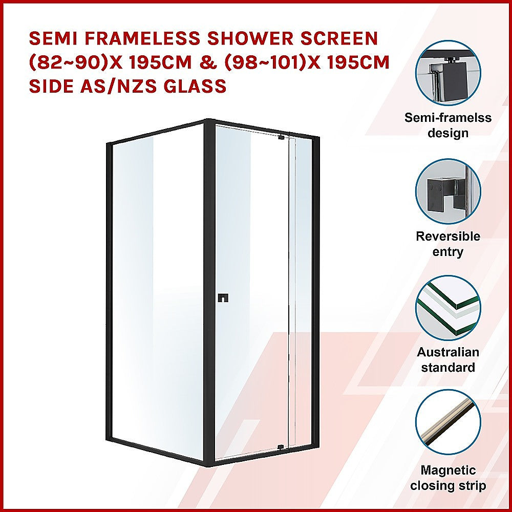 Semi Frameless Shower Screen (82~90)x 195cm & (98~101)x 195cm Side AS/NZS Glass - SILBERSHELL