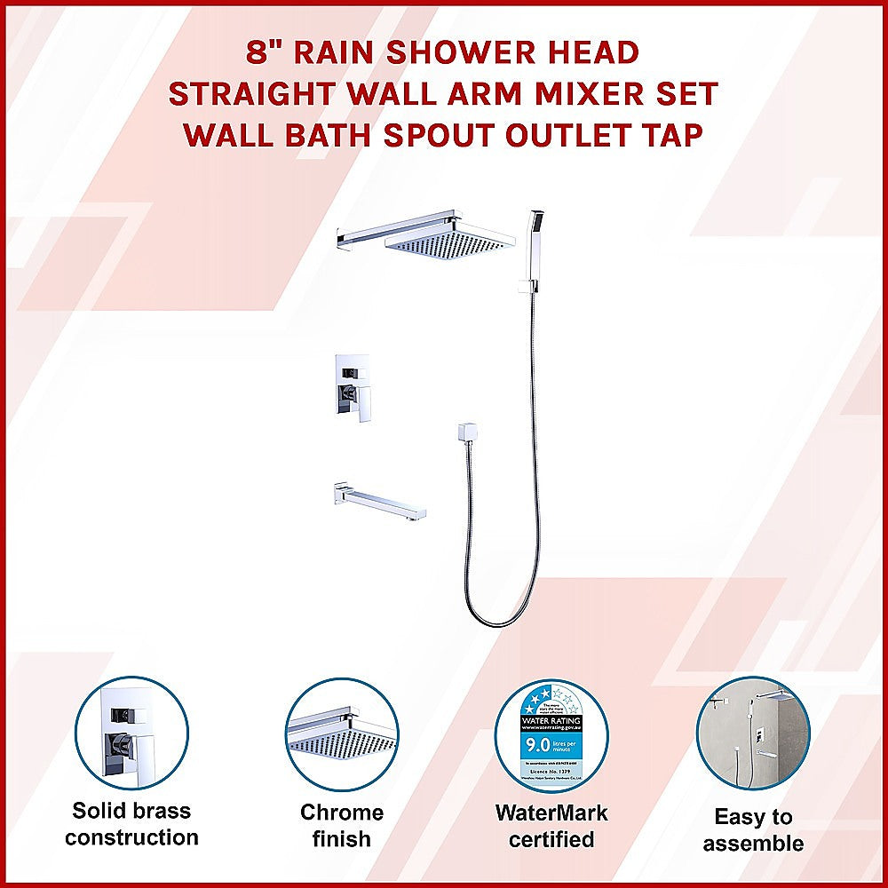 8" Rain Shower Head Straight Wall Arm Mixer Set Wall Bath Spout Outlet Tap - SILBERSHELL
