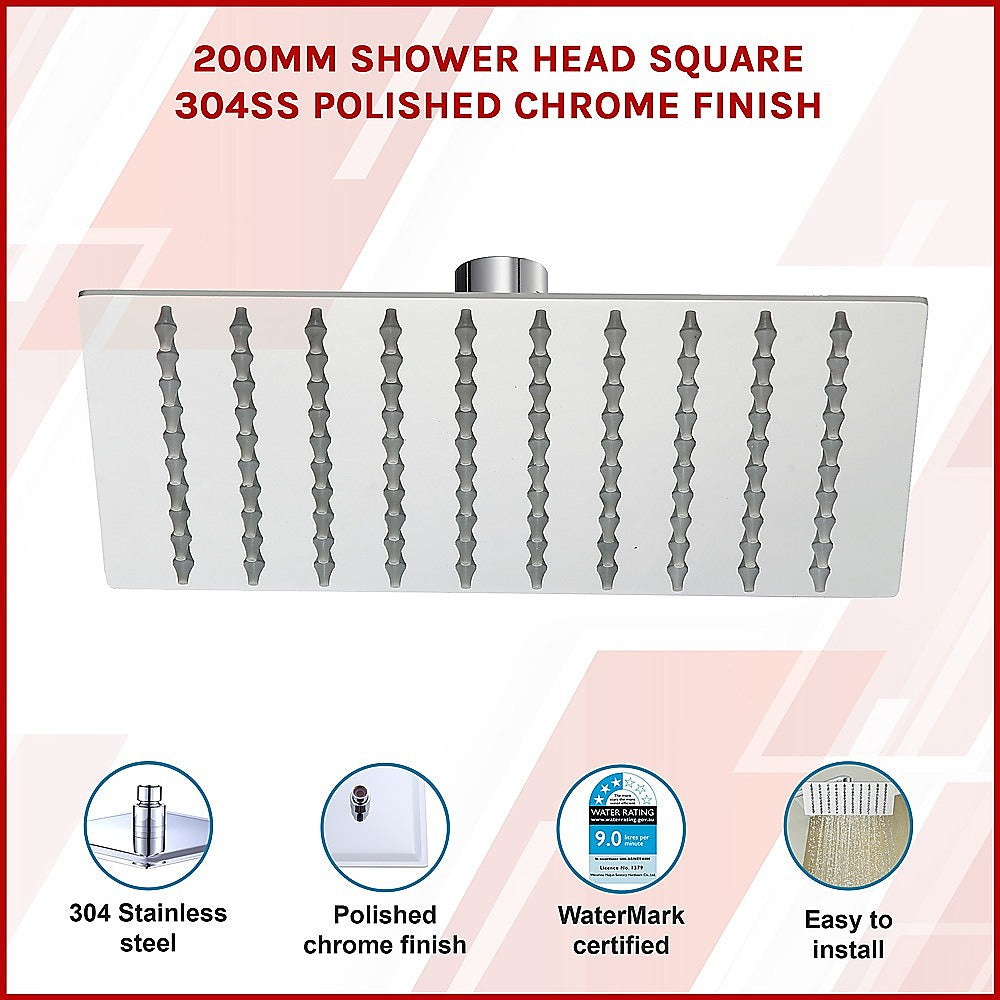 200mm Shower Head Square 304SS Polished Chrome Finish - SILBERSHELL