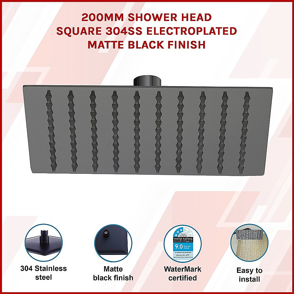 200mm Shower Head Square 304SS Electroplated Matte Black Finish - SILBERSHELL