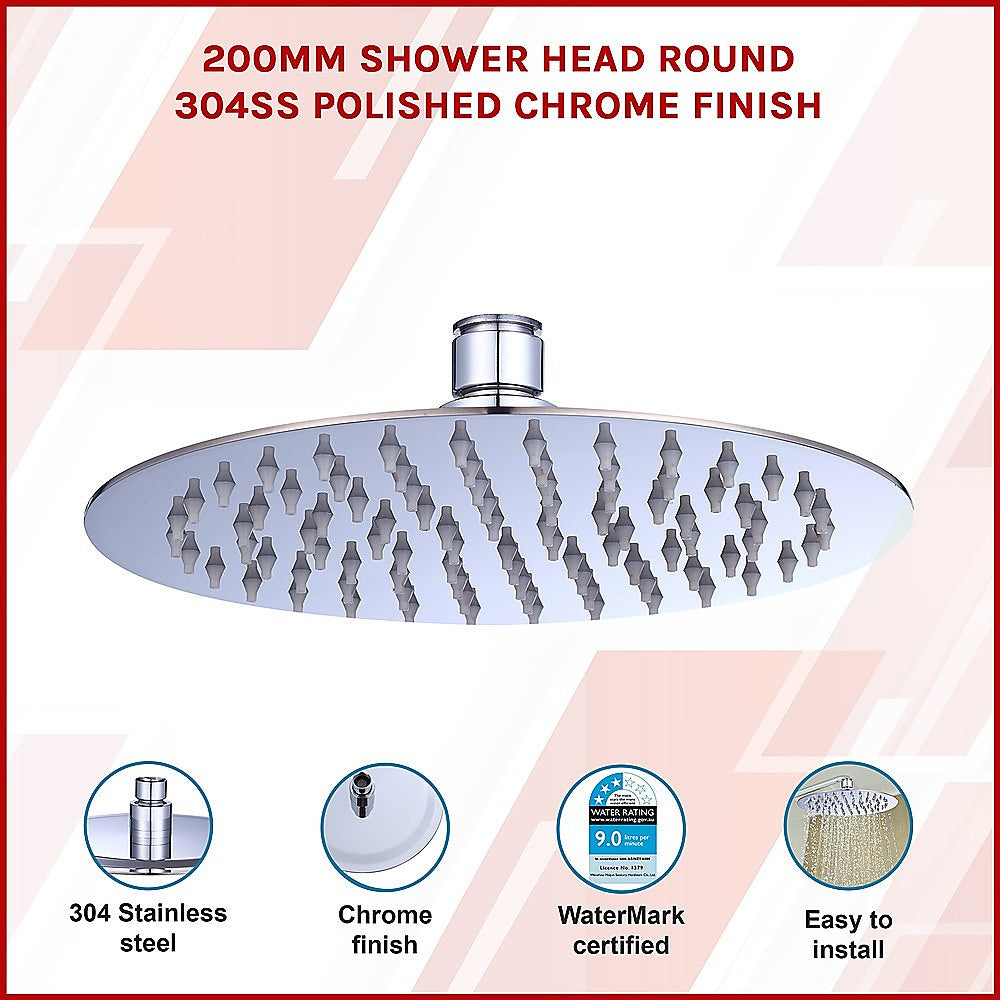 200mm Shower Head Round 304SS Polished Chrome Finish - SILBERSHELL