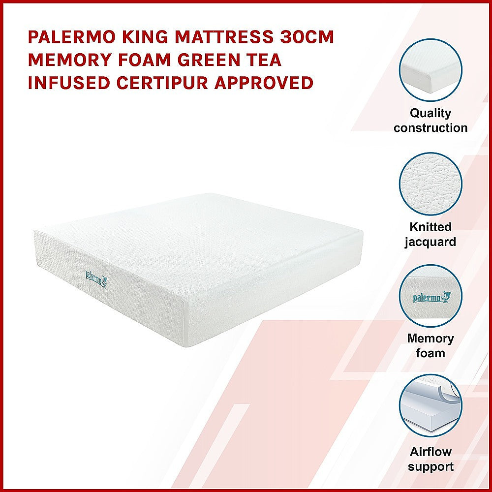 Palermo King Mattress 30cm Memory Foam Green Tea Infused CertiPUR Approved - SILBERSHELL