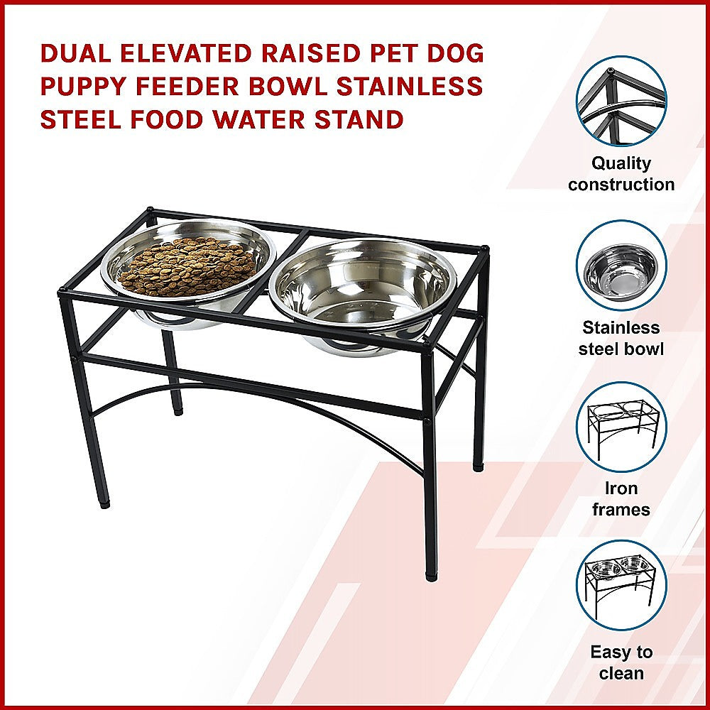 Dual Elevated Raised Pet Dog Puppy Feeder Bowl Stainless Steel Food Water Stand - SILBERSHELL