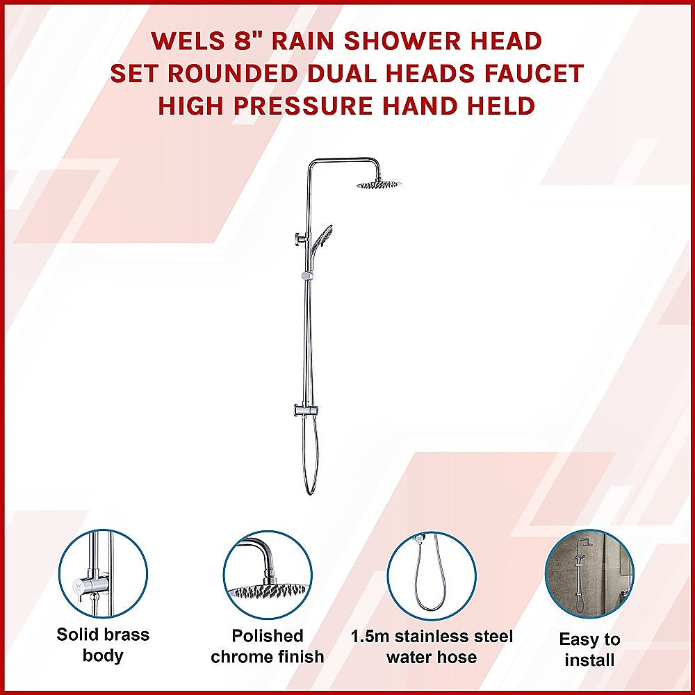 WELS 8" Rain Shower Head Set Rounded Dual Heads Faucet High Pressure Hand Held - SILBERSHELL