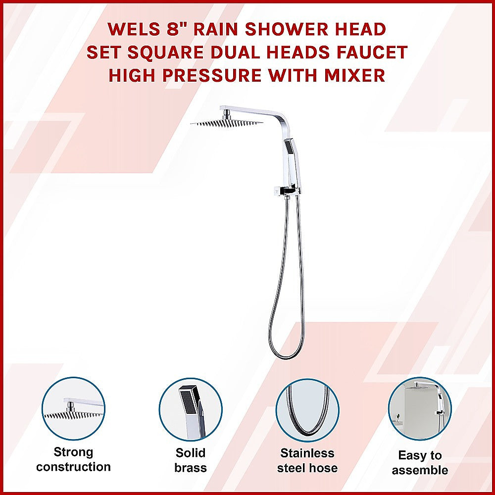 WELS 8" Rain Shower Head Set Square Dual Heads Faucet High Pressure Hand Held - SILBERSHELL