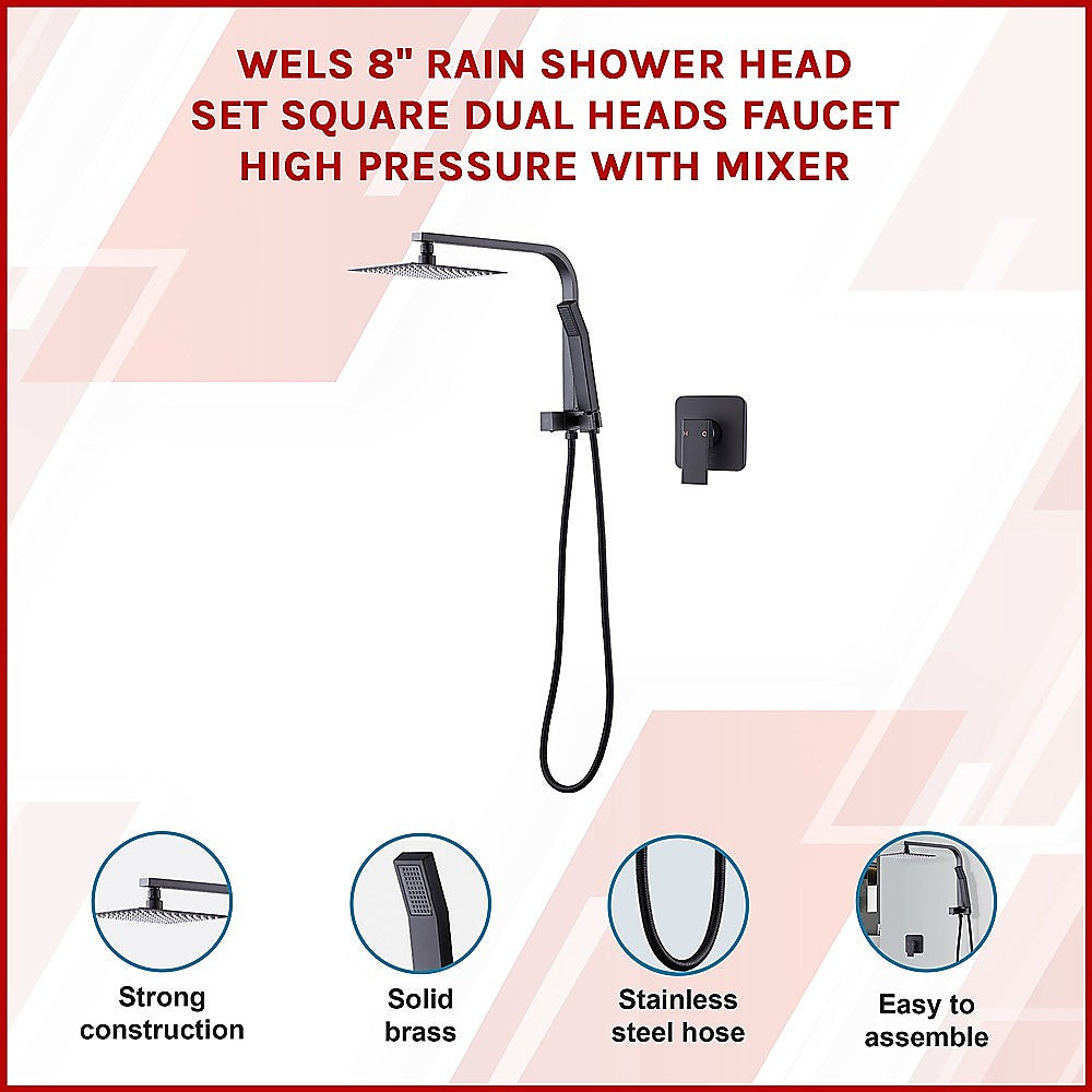 WELS 8" Rain Shower Head Set Square Dual Heads Faucet High Pressure With Mixer - SILBERSHELL