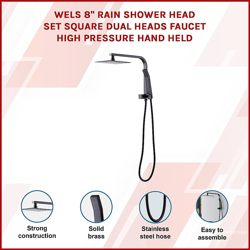 WELS 8" Rain Shower Head Set Square Dual Heads Faucet High Pressure Hand Held - SILBERSHELL
