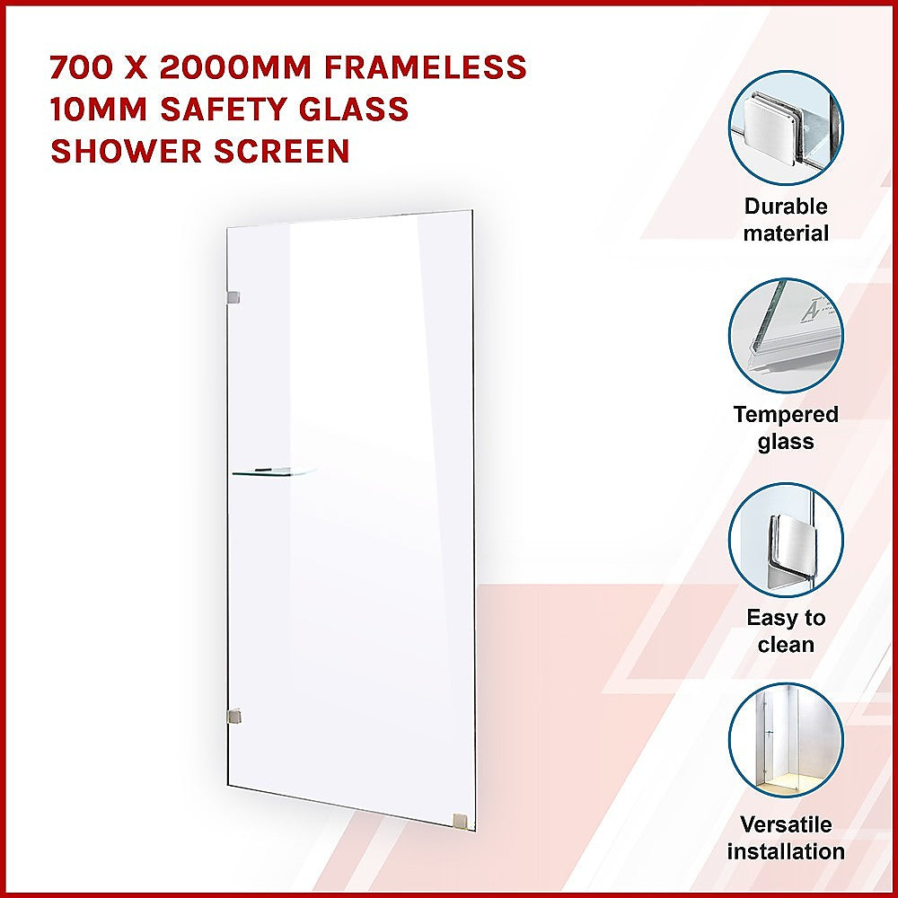 700 x 2000mm Frameless 10mm Safety Glass Shower Screen - SILBERSHELL