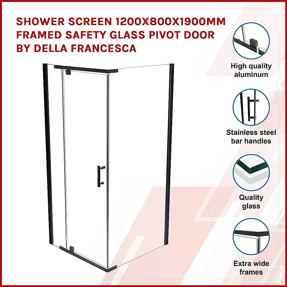 Shower Screen 1200x800x1900mm Framed Safety Glass Pivot Door By Della Francesca - SILBERSHELL