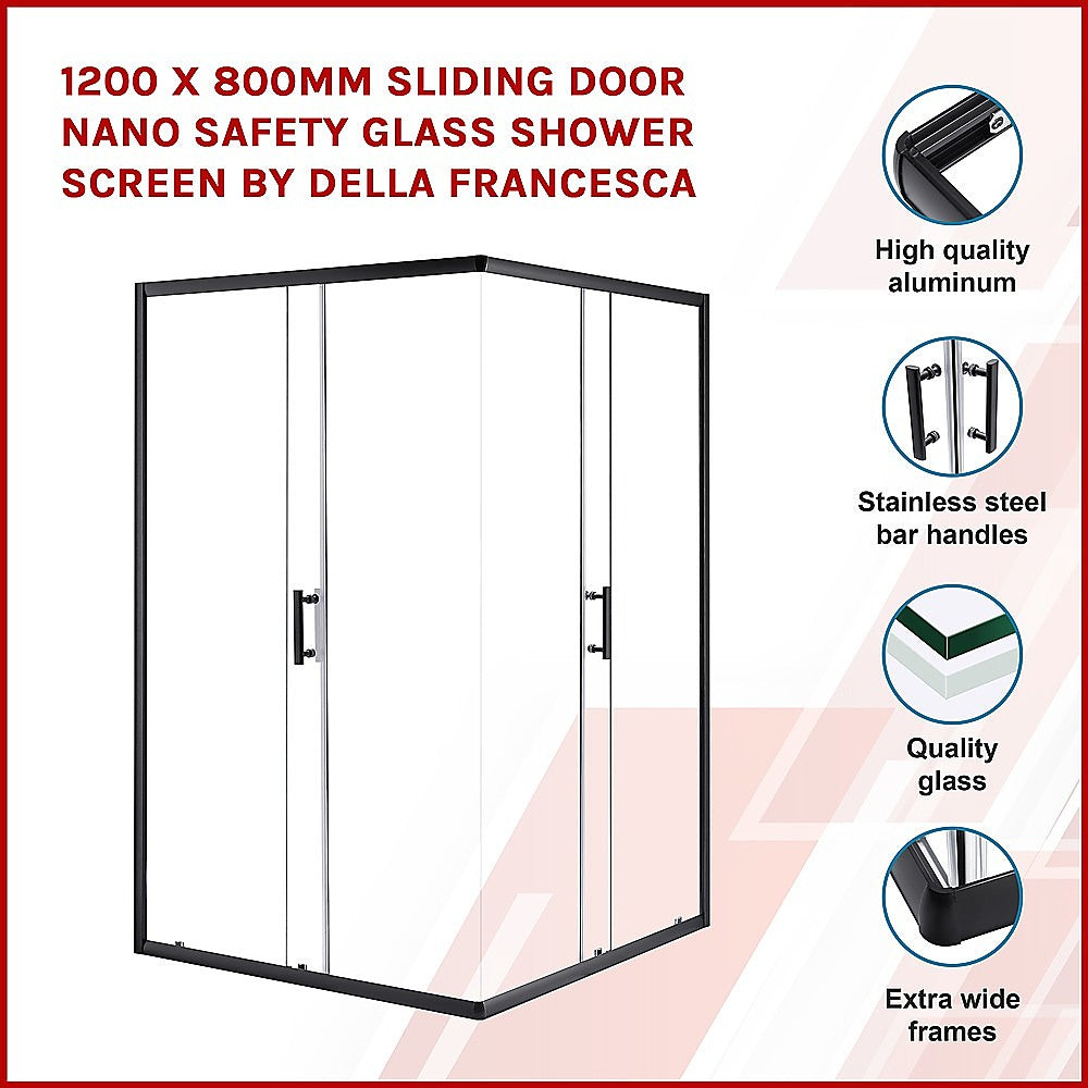 1200 x 800mm Sliding Door Nano Safety Glass Shower Screen By Della Francesca - SILBERSHELL