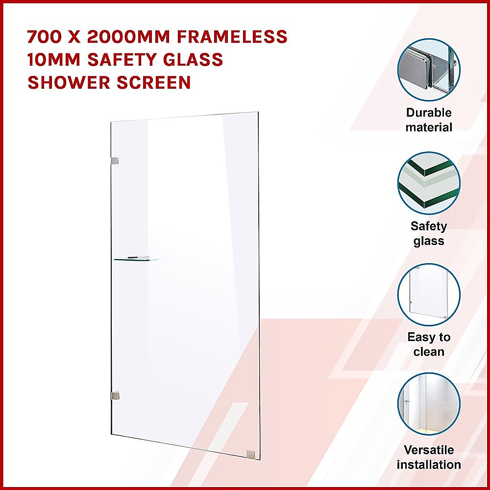 700 x 2000mm Frameless 10mm Safety Glass Shower Screen - SILBERSHELL