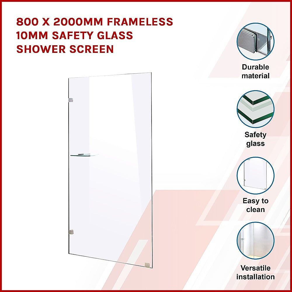 800 x 2000mm Frameless 10mm Safety Glass Shower Screen - SILBERSHELL