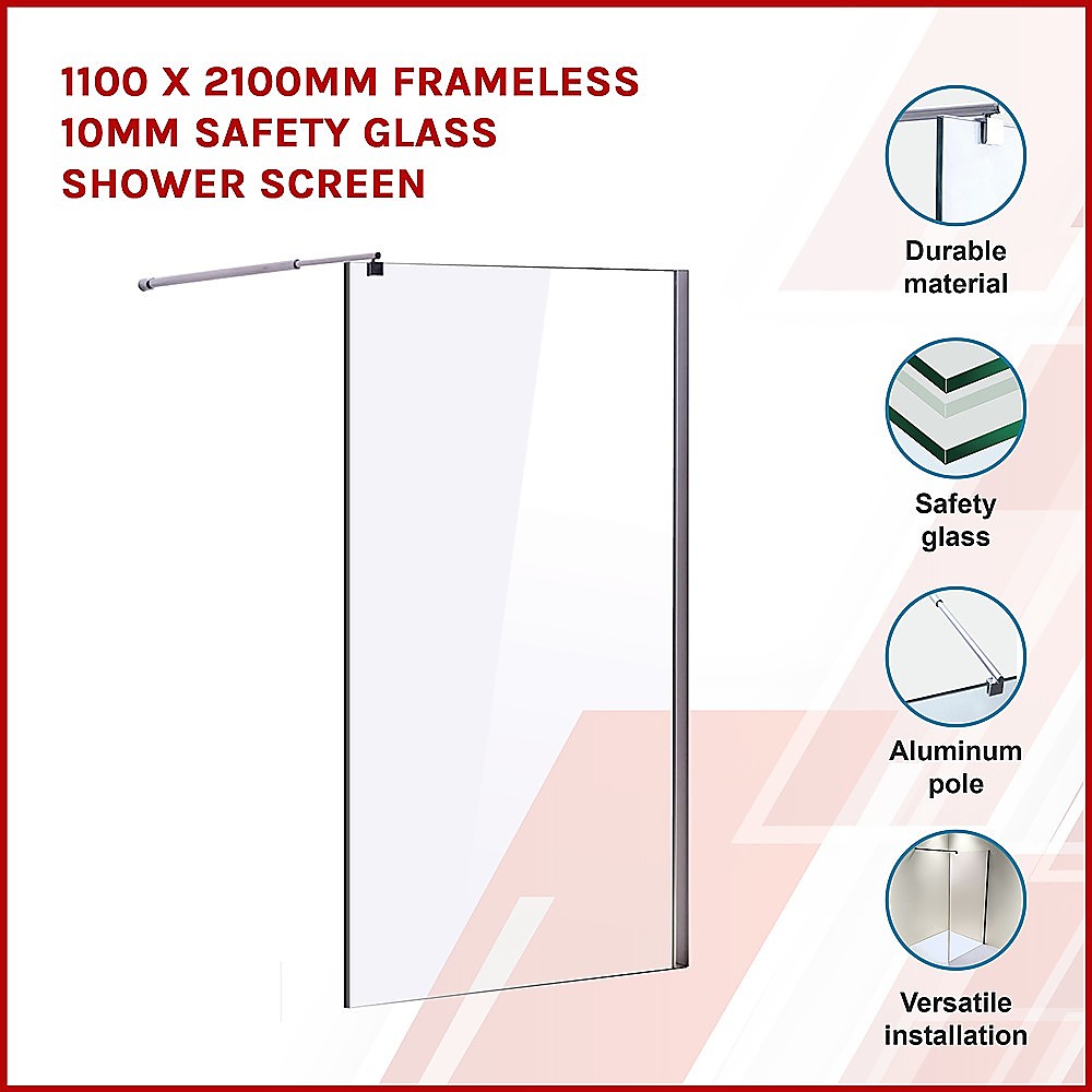 1100 x 2100mm Frameless 10mm Safety Glass Shower Screen - SILBERSHELL