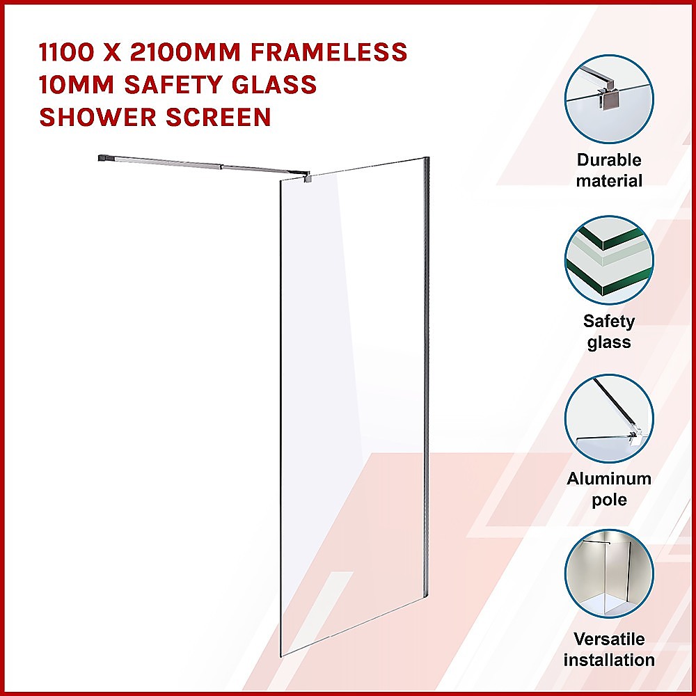 1100 x 2100mm Frameless 10mm Safety Glass Shower Screen - SILBERSHELL