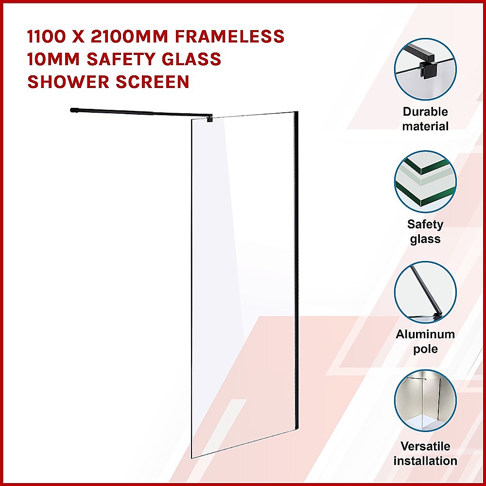 1000 x 2100mm Frameless 10mm Safety Glass Shower Screen - SILBERSHELL