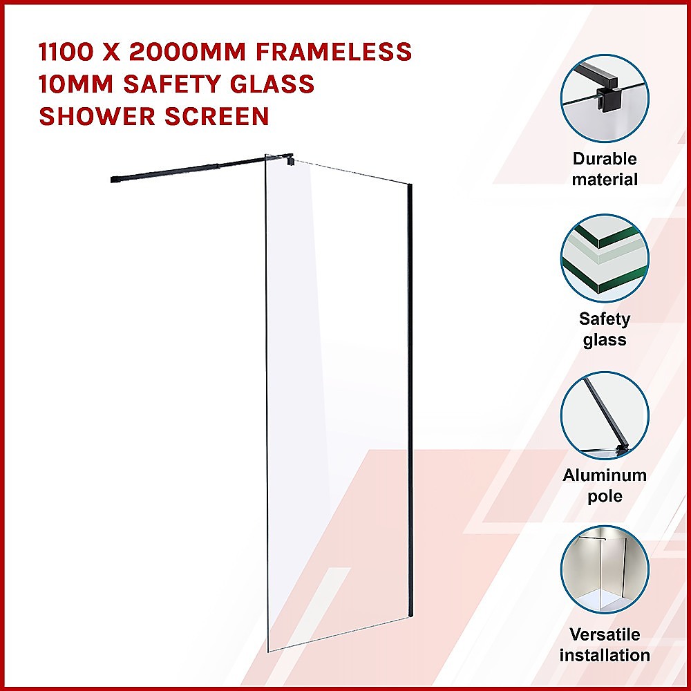 1100 x 2000mm Frameless 10mm Safety Glass Shower Screen - SILBERSHELL