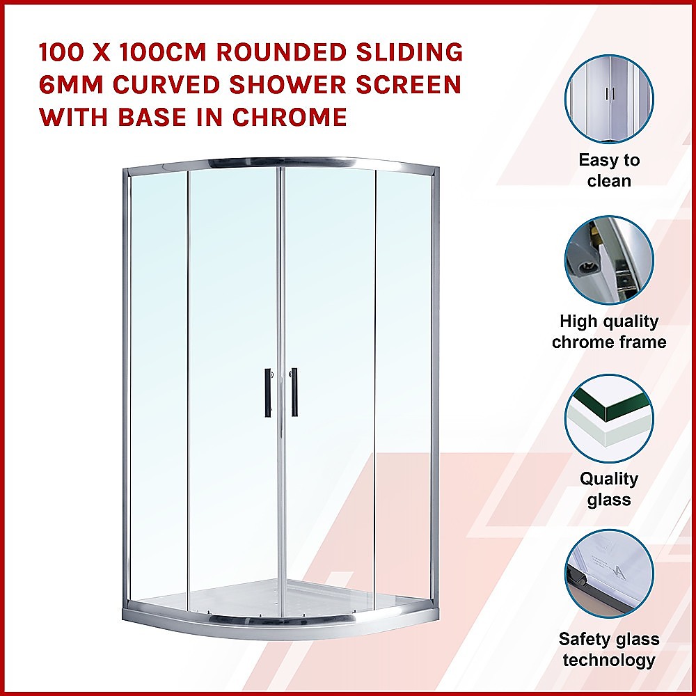 100 x 100cm Rounded Sliding 6mm Curved Shower Screen with Base in Chrome - SILBERSHELL