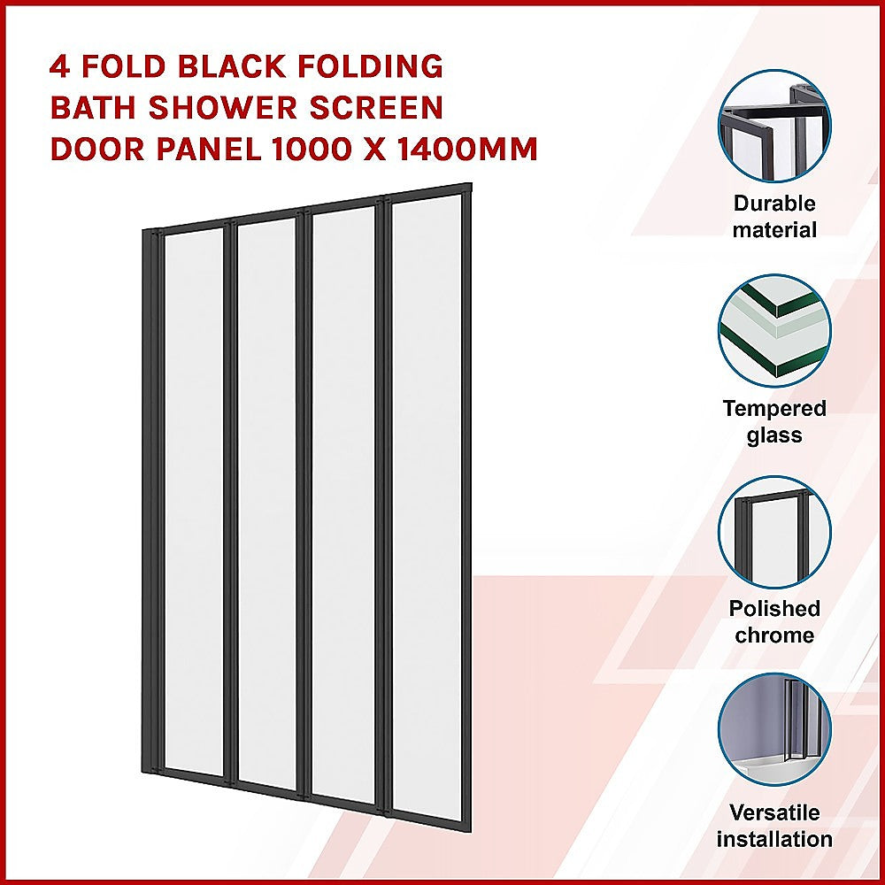 4 Fold Black Folding Bath Shower Screen Door Panel 1000 x 1400mm - SILBERSHELL