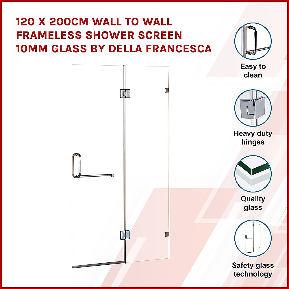 120 x 200cm Wall to Wall Frameless Shower Screen 10mm Glass By Della Francesca - SILBERSHELL