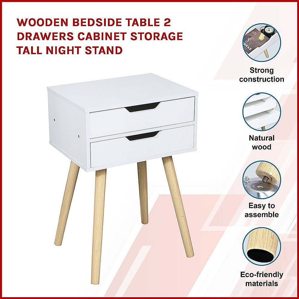 Wooden Bedside Table 2 Drawers Cabinet Storage Tall Night Stand - SILBERSHELL