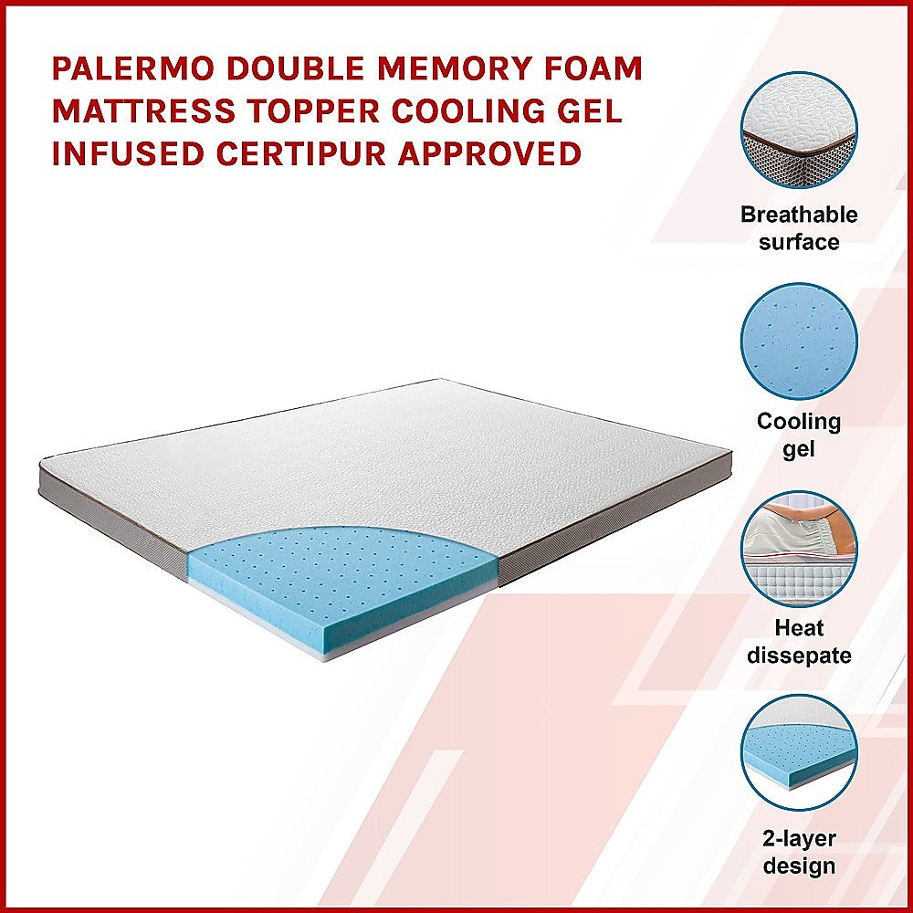 Palermo Double Memory Foam Mattress Topper Cooling Gel Infused CertiPUR Approved - SILBERSHELL