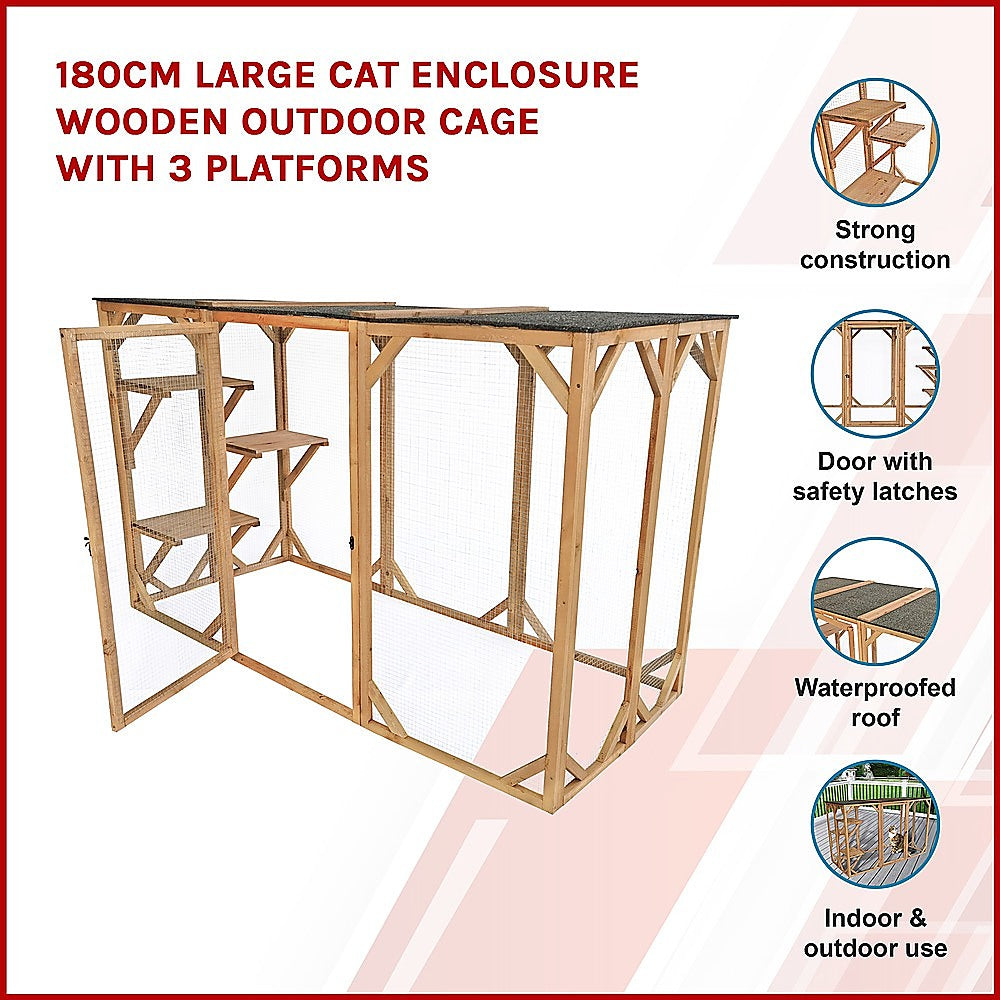 180cm Large Cat Enclosure Wooden Outdoor Cage with 3 Platforms - SILBERSHELL