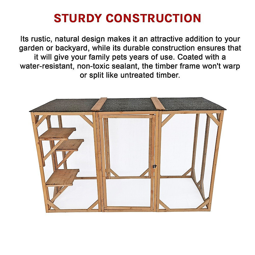 180cm Large Cat Enclosure Wooden Outdoor Cage with 3 Platforms - SILBERSHELL