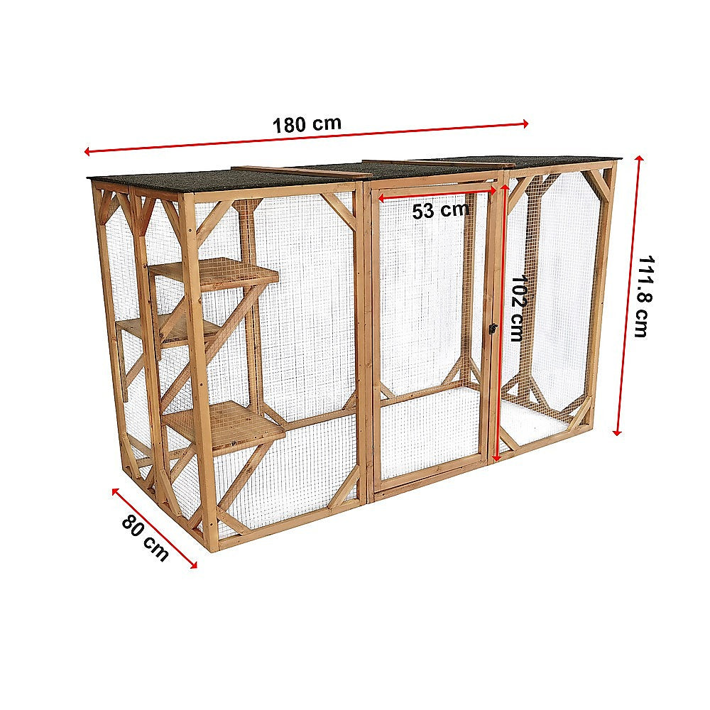 180cm Large Cat Enclosure Wooden Outdoor Cage with 3 Platforms - SILBERSHELL