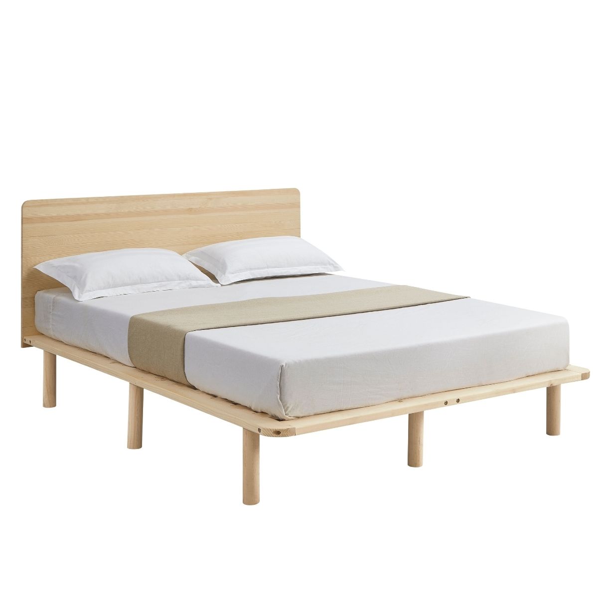 Natural Solid Wood Bed Frame Bed Base with Headboard King - SILBERSHELL