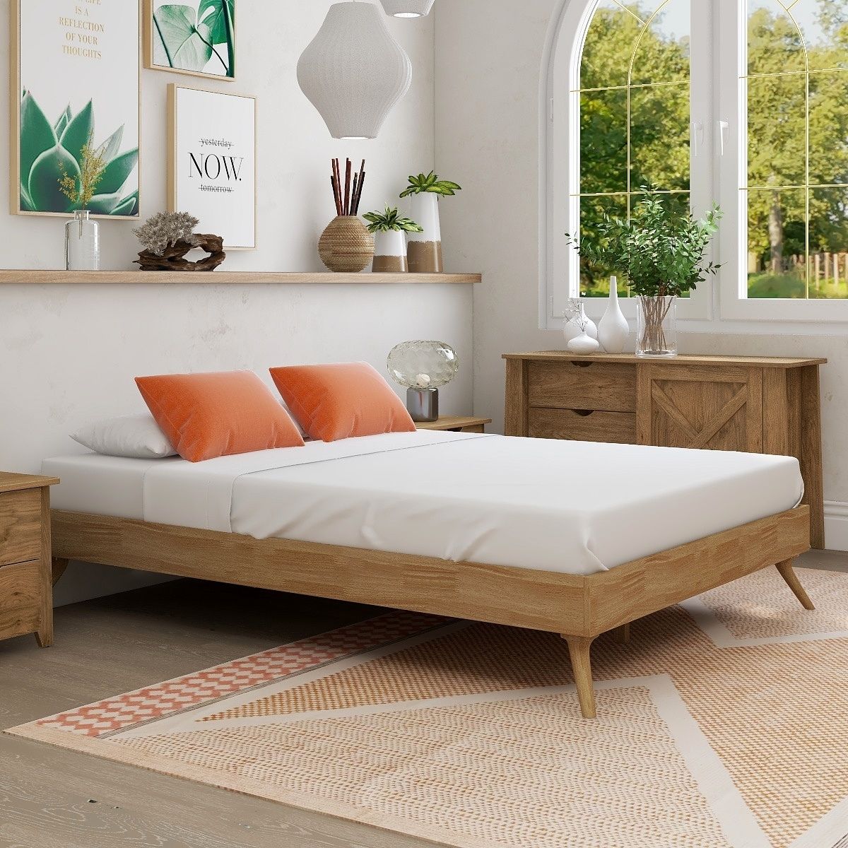 Natural Oak Ensemble Bed Frame Wooden Slat King - SILBERSHELL