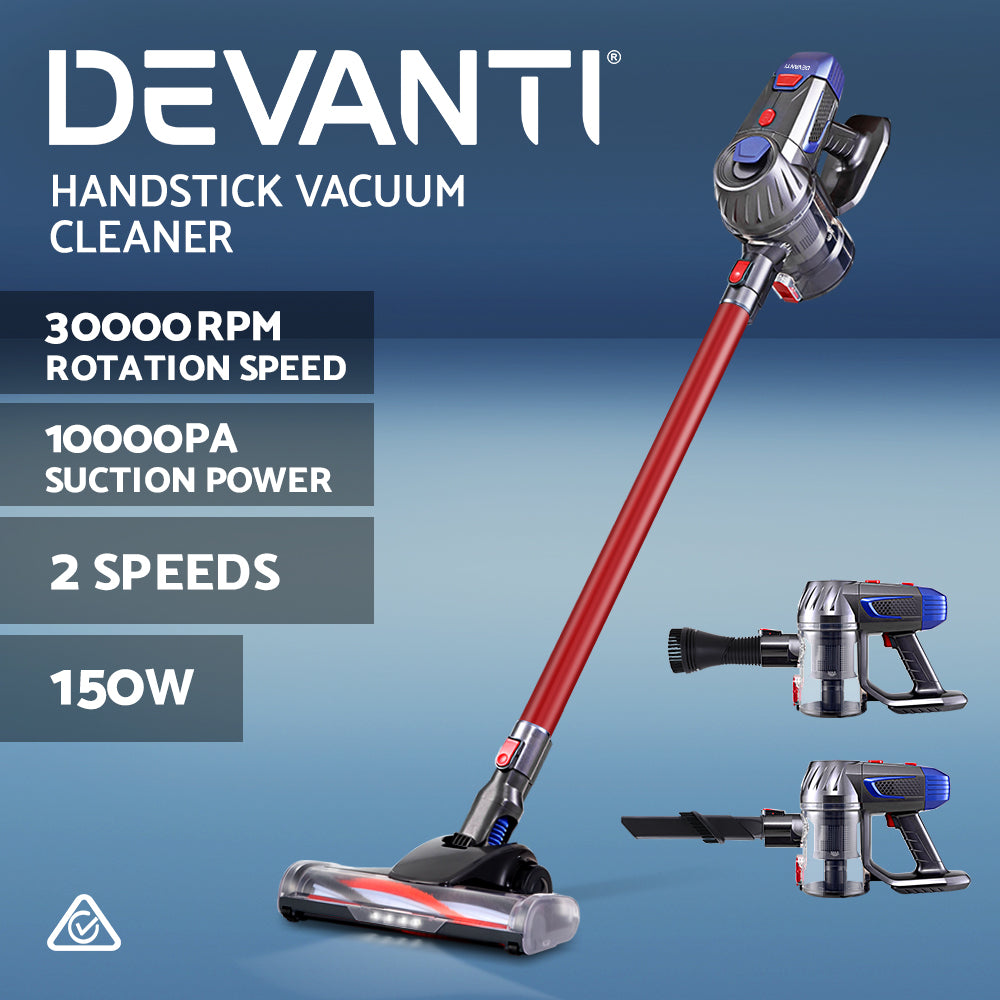 Devanti Handheld Vacuum Cleaner Cordless Stick Handstick Vac Bagless 2-Speed Headlight Red - SILBERSHELL