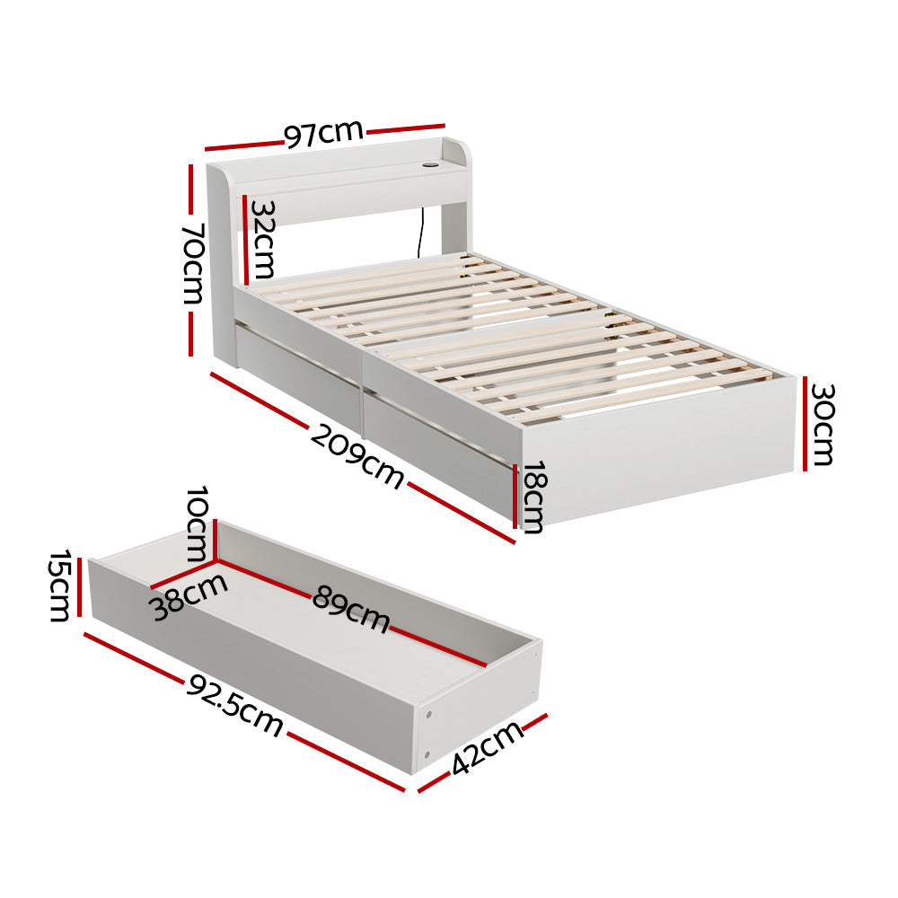 Artiss Bed Frame Single Size Mattress Base wtih Charging Ports 2 Storage Drawers - SILBERSHELL