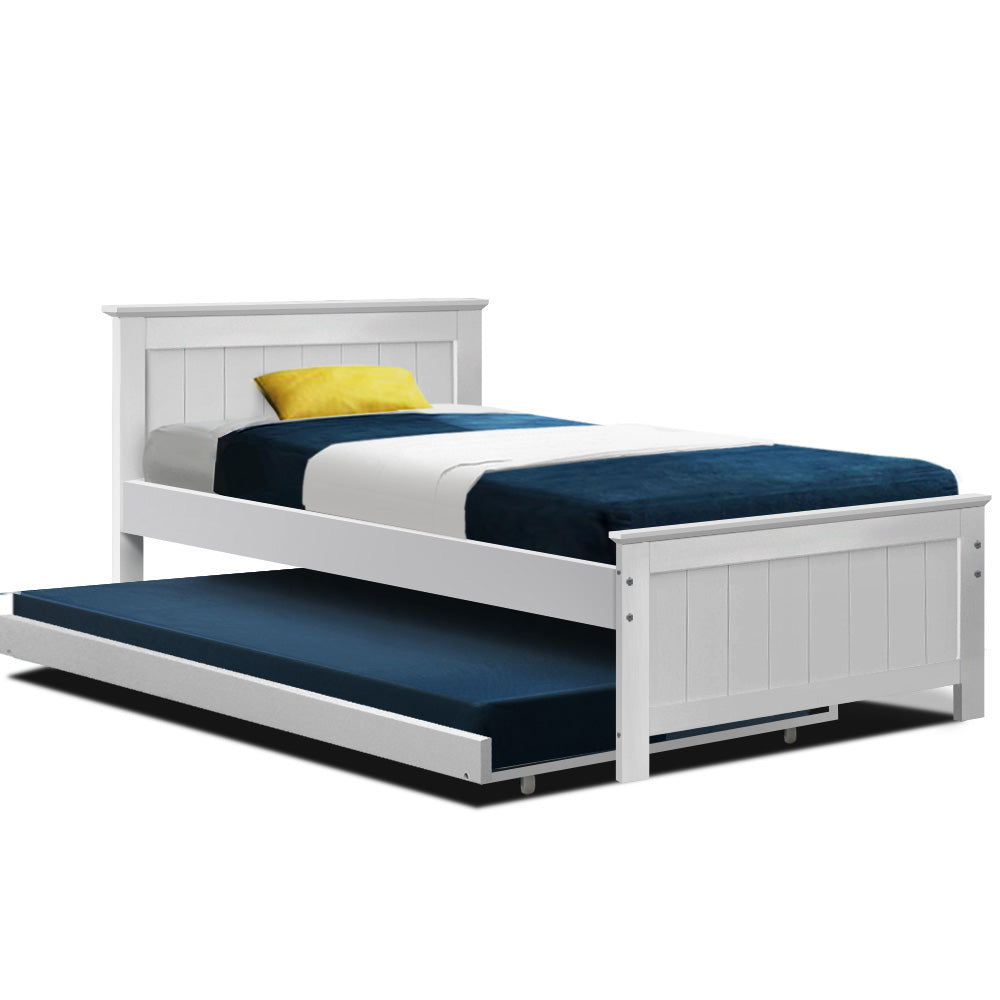 Artiss Bed Frame King Single Size Wooden Trundle Daybed White ELVIS - SILBERSHELL