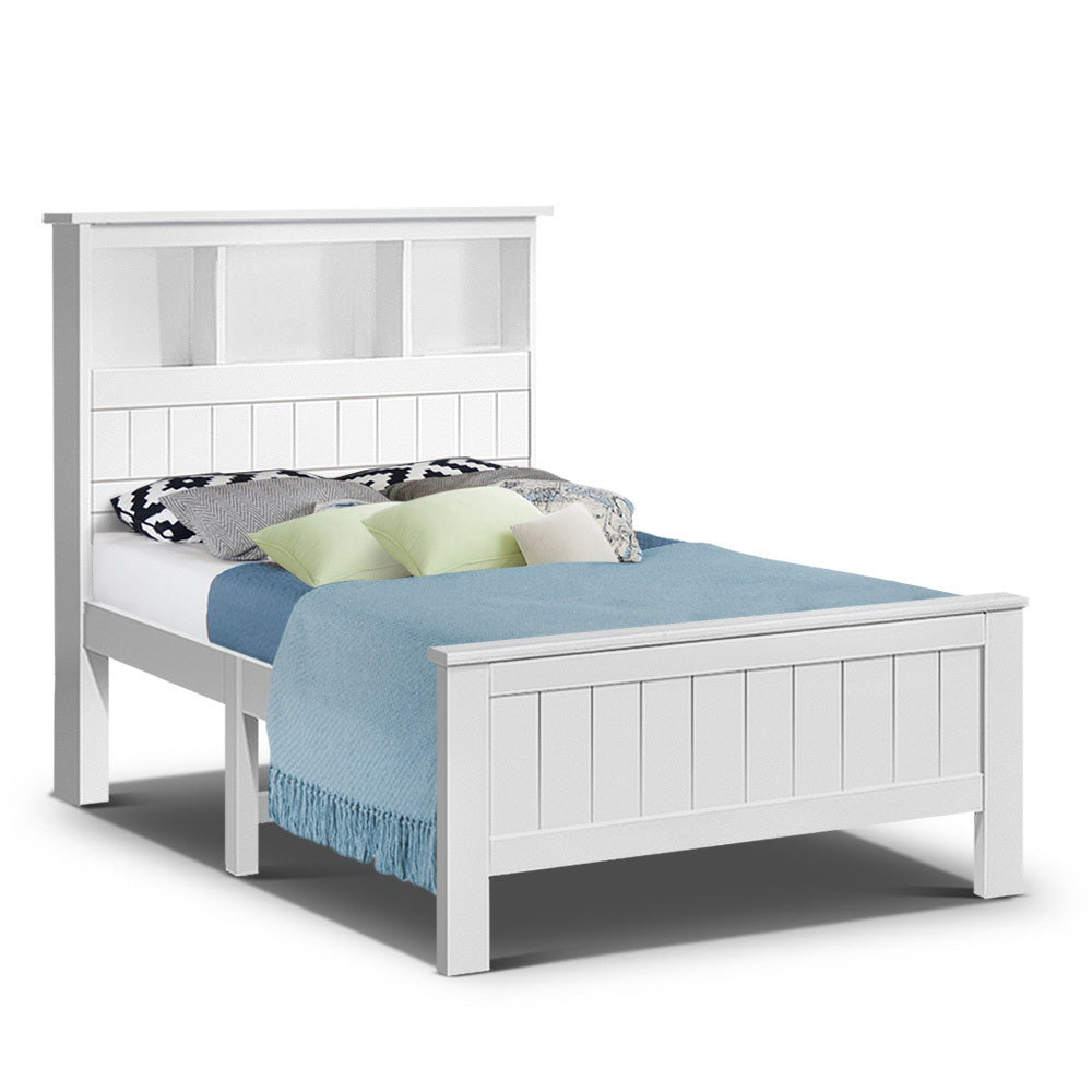 Artiss Bed Frame Single Size Wooden with 3 Shelves Bed Head White - SILBERSHELL