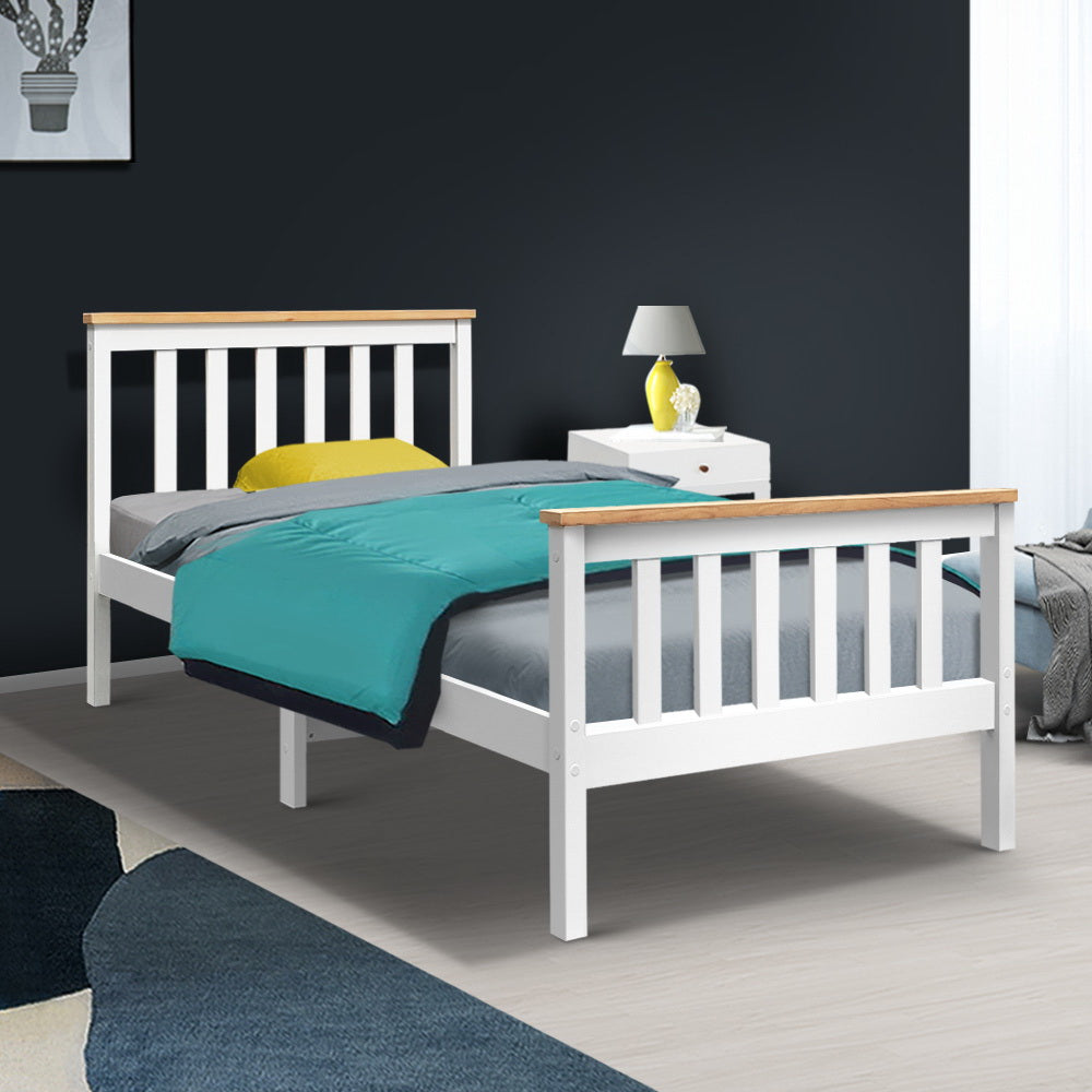 Artiss Bed Frame Single Size Wooden White PONY - SILBERSHELL