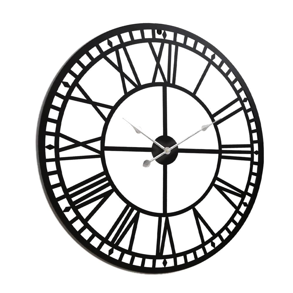 Artiss 60CM Large Wall Clock Roman Numerals Round Metal Luxury Home Decor Black - SILBERSHELL™