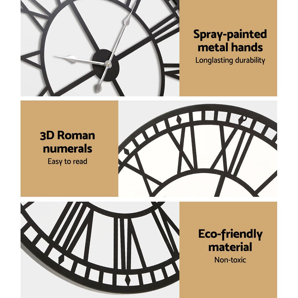Artiss 60CM Large Wall Clock Roman Numerals Round Metal Luxury Home Decor Black - SILBERSHELL™