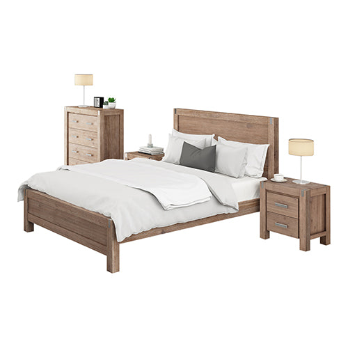 5 Pieces Bedroom Suite in Solid Wood Veneered Acacia Construction Timber Slat Double Size Oak Colour Bed, Bedside Table, Tallboy & Dresser - SILBERSHELL