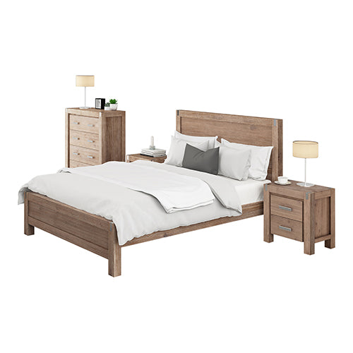 4 Pieces Bedroom Suite in Solid Wood Veneered Acacia Construction Timber Slat King Single Size Oak Colour Bed, Bedside Table & Tallboy - SILBERSHELL