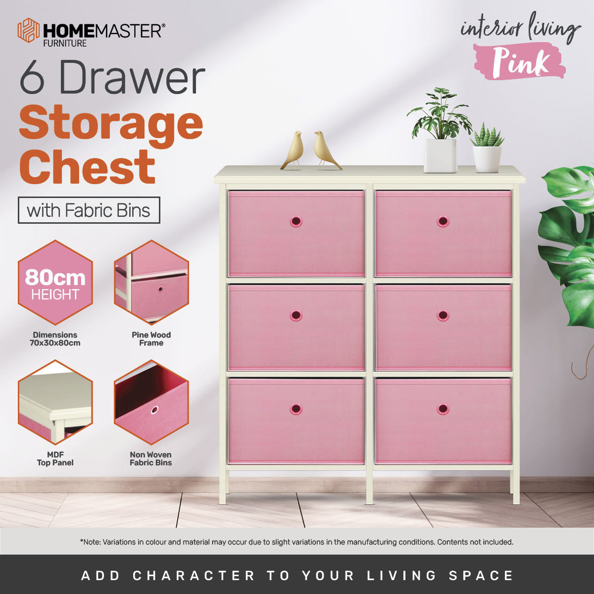 Home Master 6 Drawer Pine Wood Storage Chest Pink Fabric Baskets 70 x 80cm - SILBERSHELL