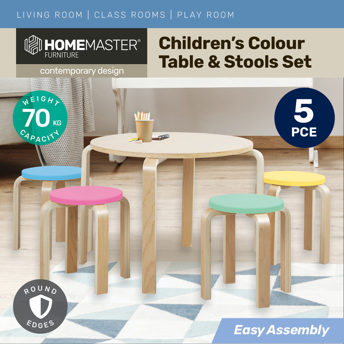 Home Master 5PCE Kids Wooden Table &amp; Coloured Stools Set Stackable Sturdy - SILBERSHELL
