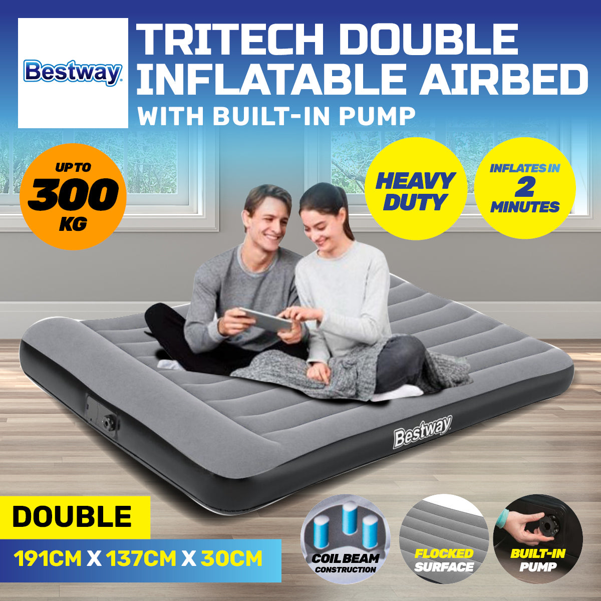 Bestway Double Inflatable Air Bed Tritech Built-In Pump Heavy Duty - SILBERSHELL