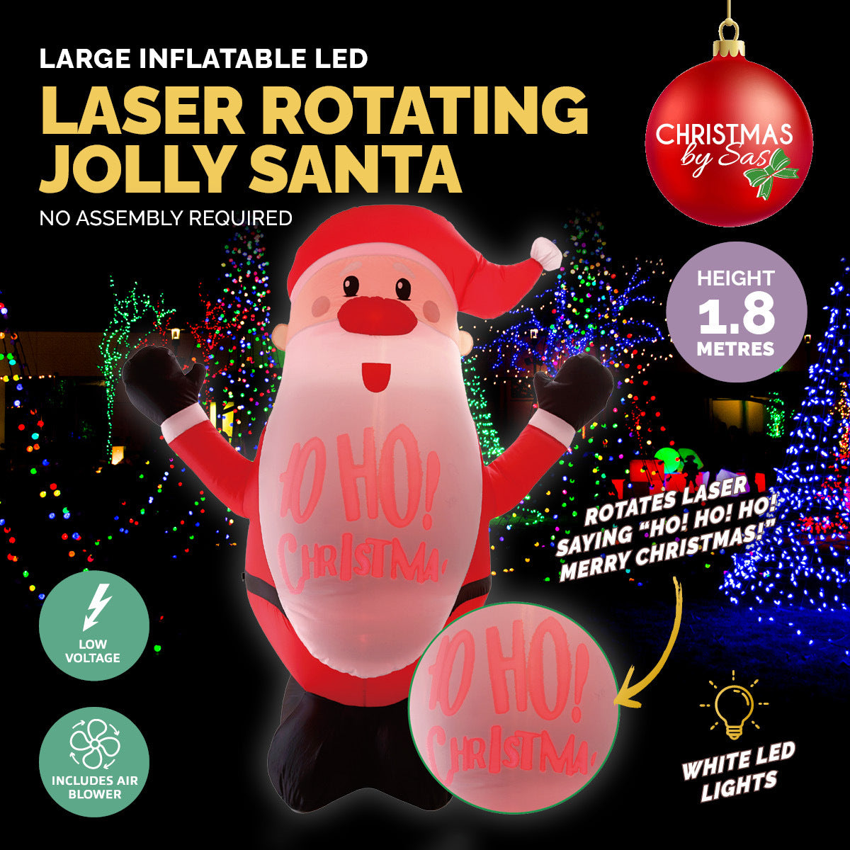 Christmas By Sas 1.8m Self Inflatable LED Jolly Santa Rotating Lights - SILBERSHELL