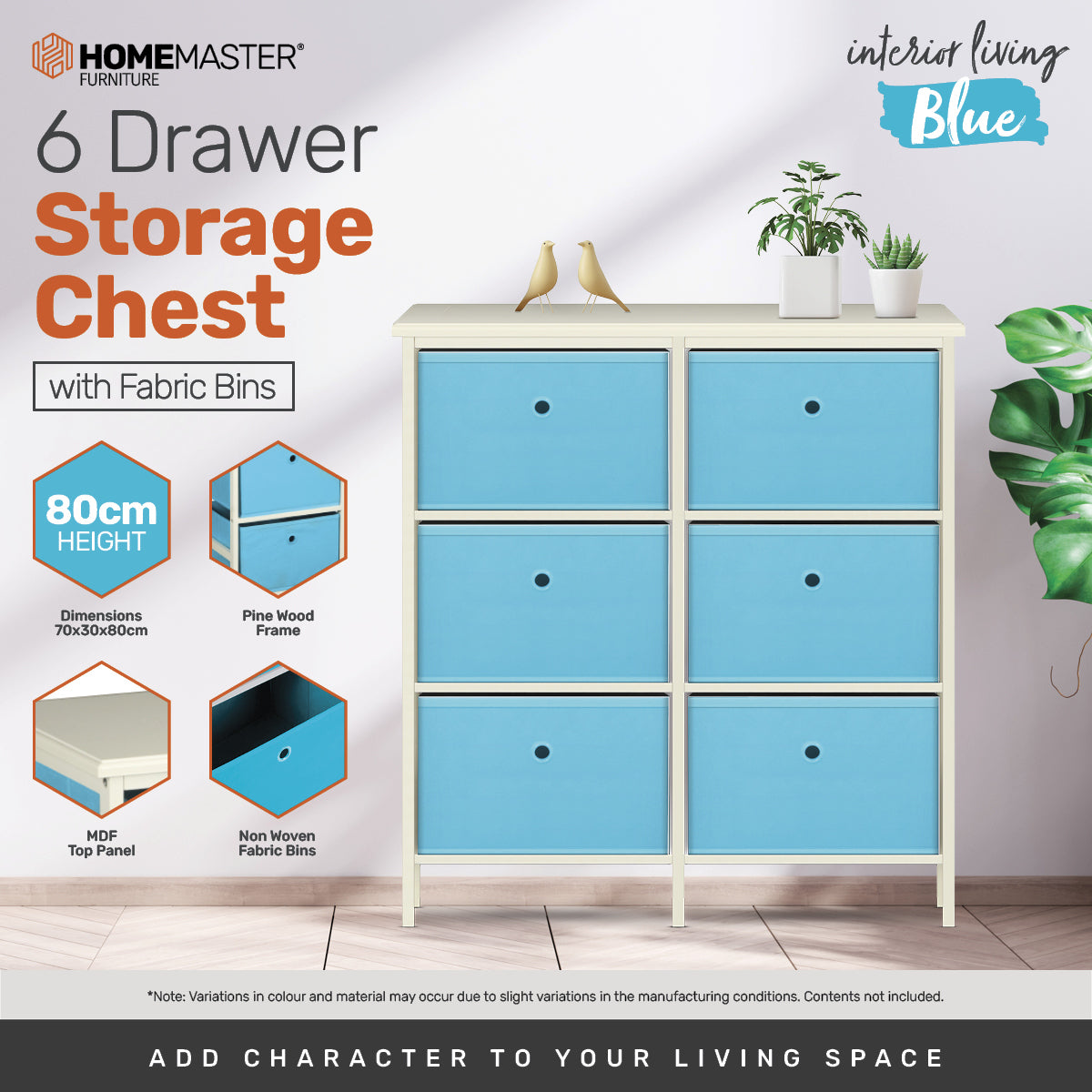 Home Master 6 Drawer Pine Wood Storage Chest Sky Blue Fabric Baskets 70 x 80cm - SILBERSHELL