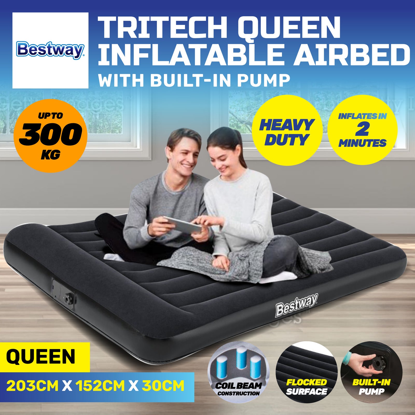 Bestway Queen Inflatable Air Bed Tritech Built-In Pump Heavy Duty - SILBERSHELL