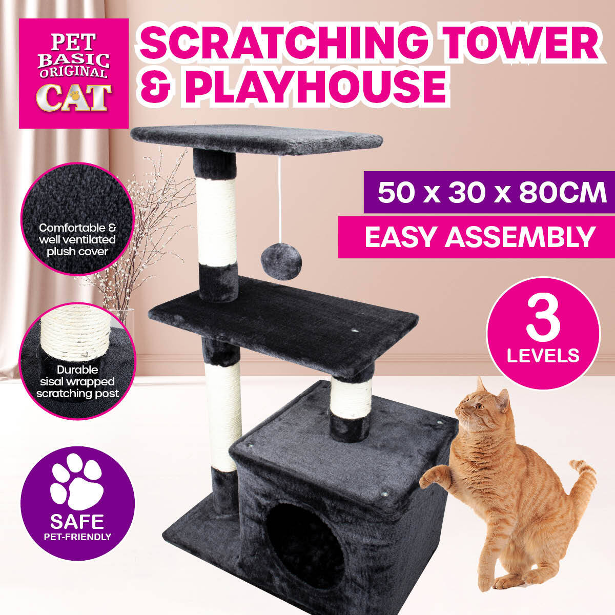 Pet Basic 3 Level Cat Scratching Tower &amp; Playhouse Scratch 80 x 40 x 50cm - SILBERSHELL