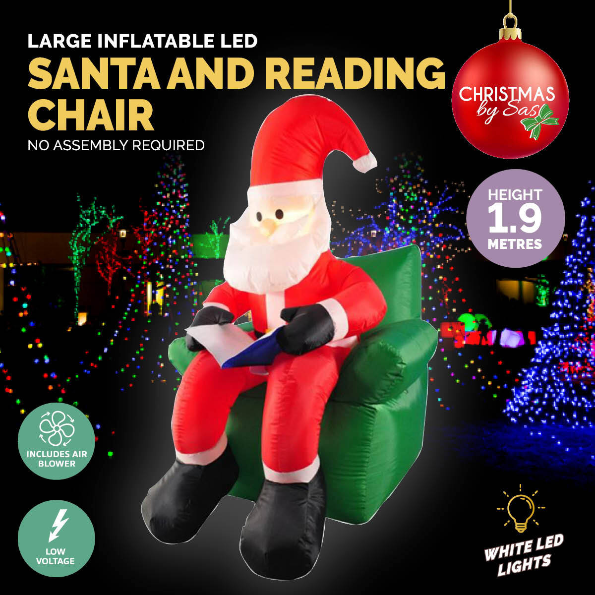 Christmas By Sas 1.9m Santa & His Reading Chair Self Inflating LED Lighting - SILBERSHELL