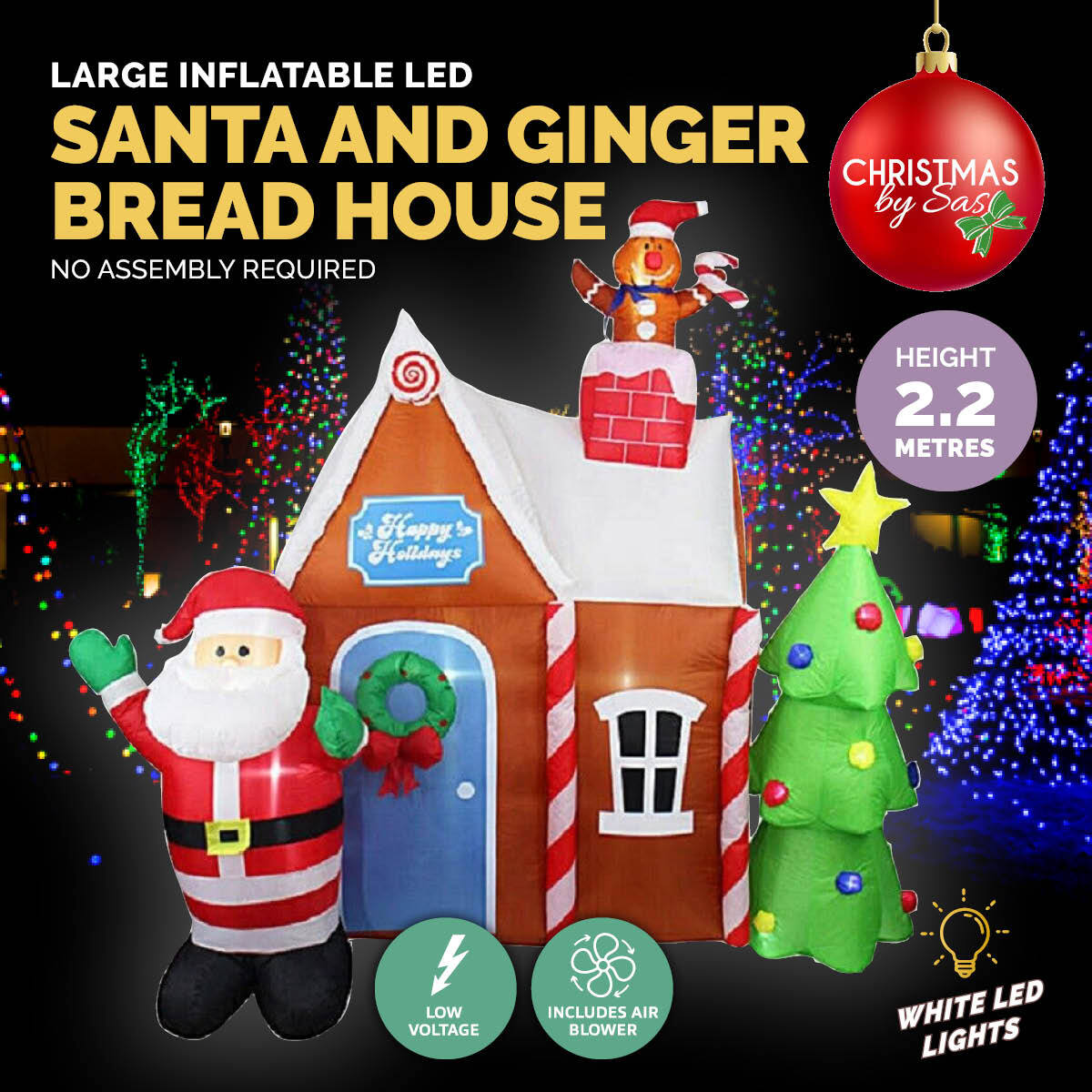 Christmas By Sas 2.2m Gingerbread House & Santa Self Inflating LED Lights - SILBERSHELL