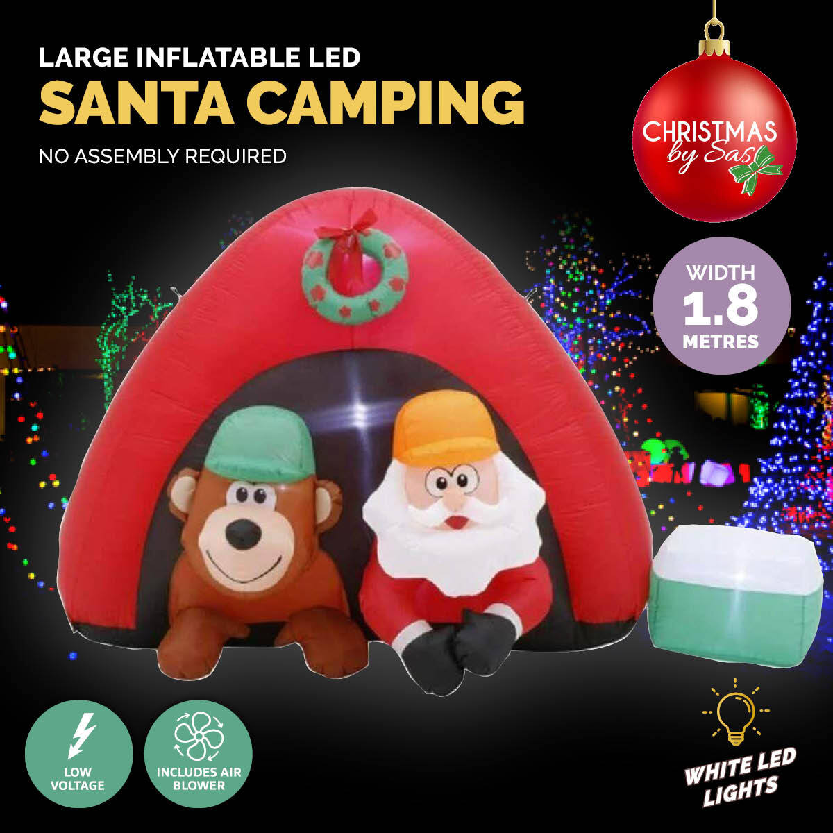 Christmas By Sas 1.8m Santa & Bear Camping Built-In Blower LED Lighting - SILBERSHELL